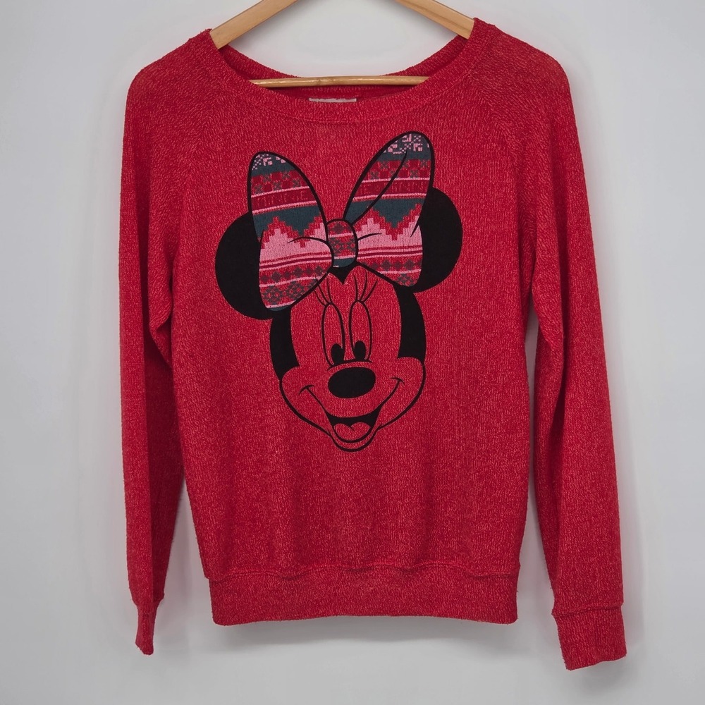 Disney Parks Minnie Mouse Red Fair Isle Bow Lightweight Sweater XS JT11822